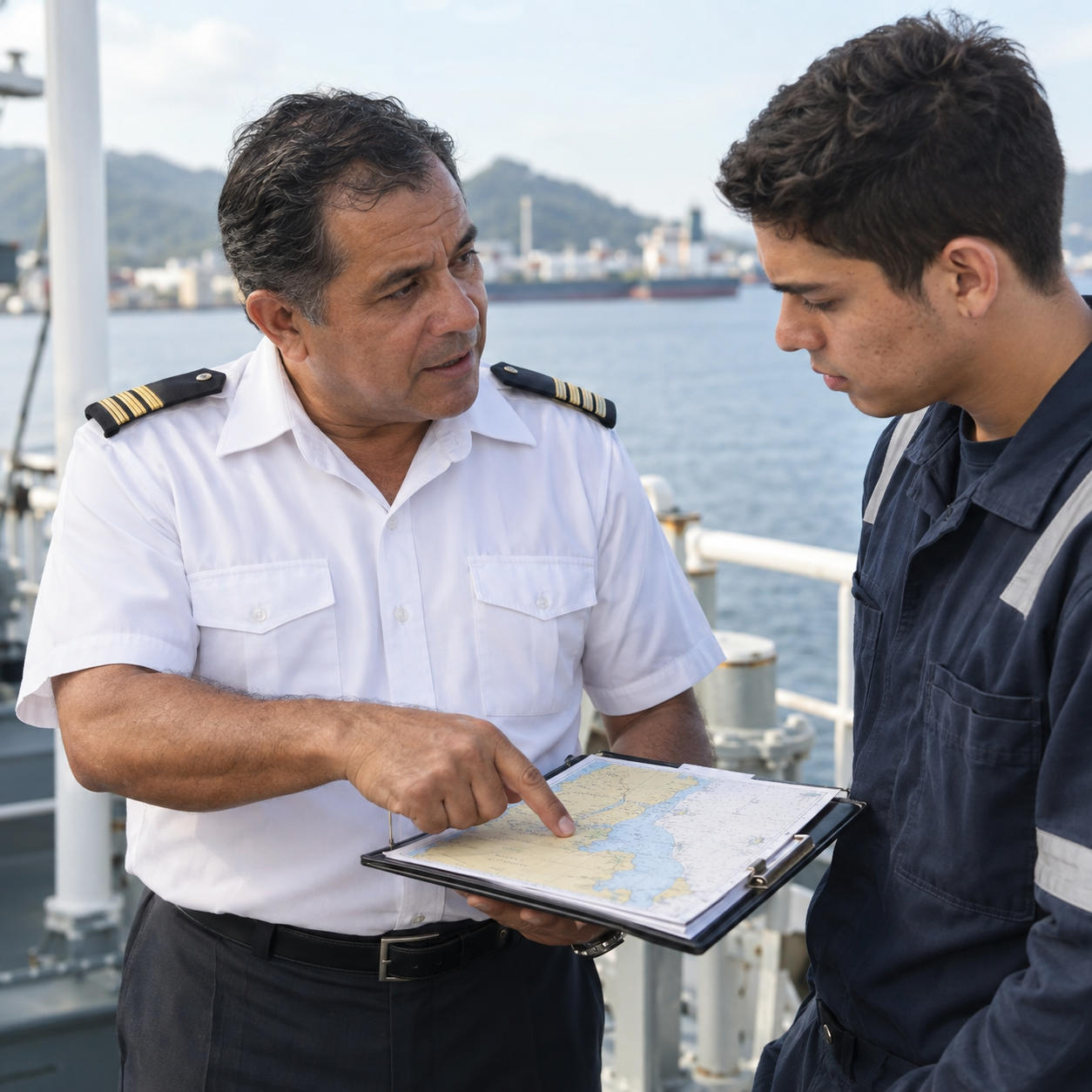 Instructor náutico explicando una carta de navegación a un estudiante